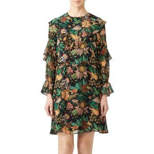 Scotch & Soda Fantastique Ruffle Jungle Print Dress in Black/Orange/Green Small